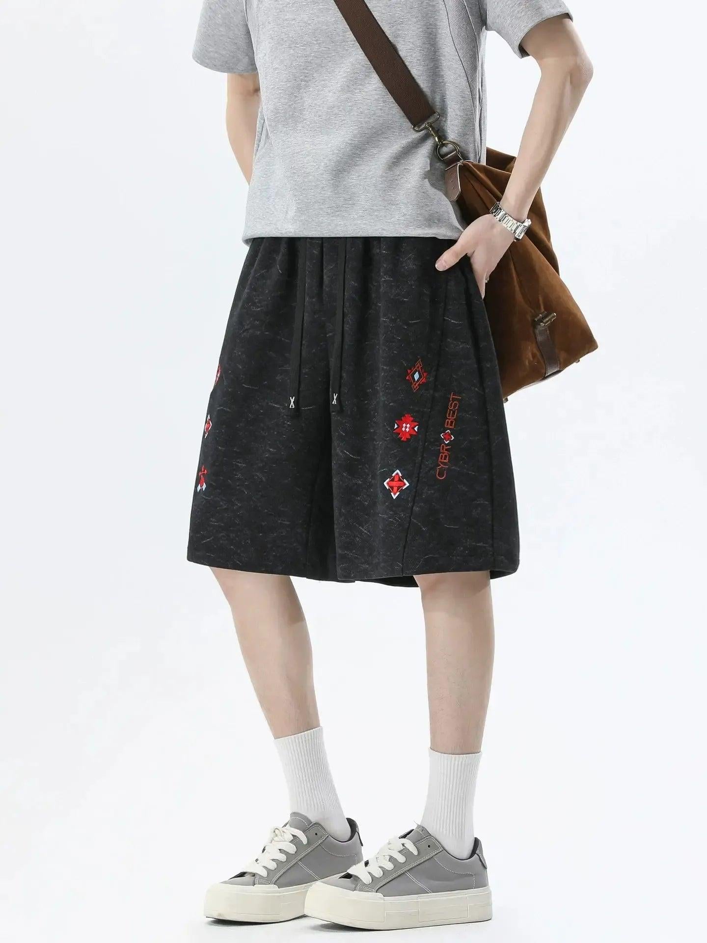 Acid Wash Embroidered Straight Shorts