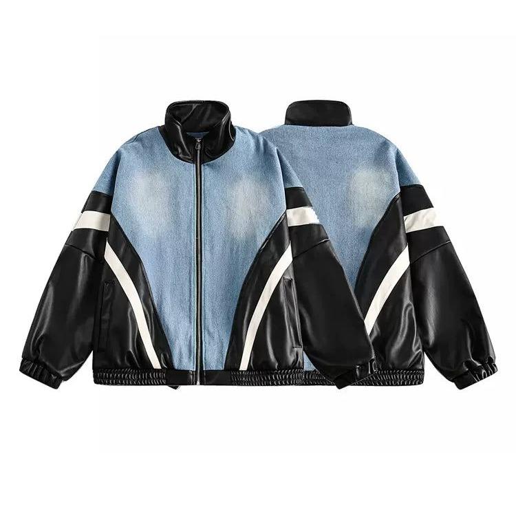 Color-Touched Stitched Denim PU Leather Jacket