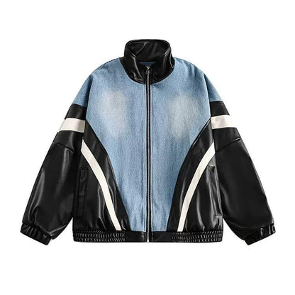 Color-Touched Stitched Denim PU Leather Jacket