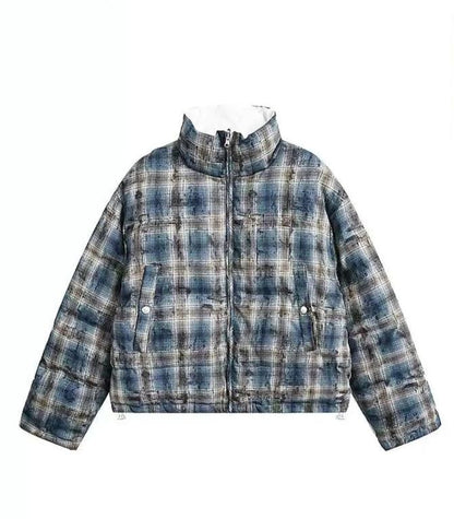 Tie-Dyed Plaid Short Puffer Jacket