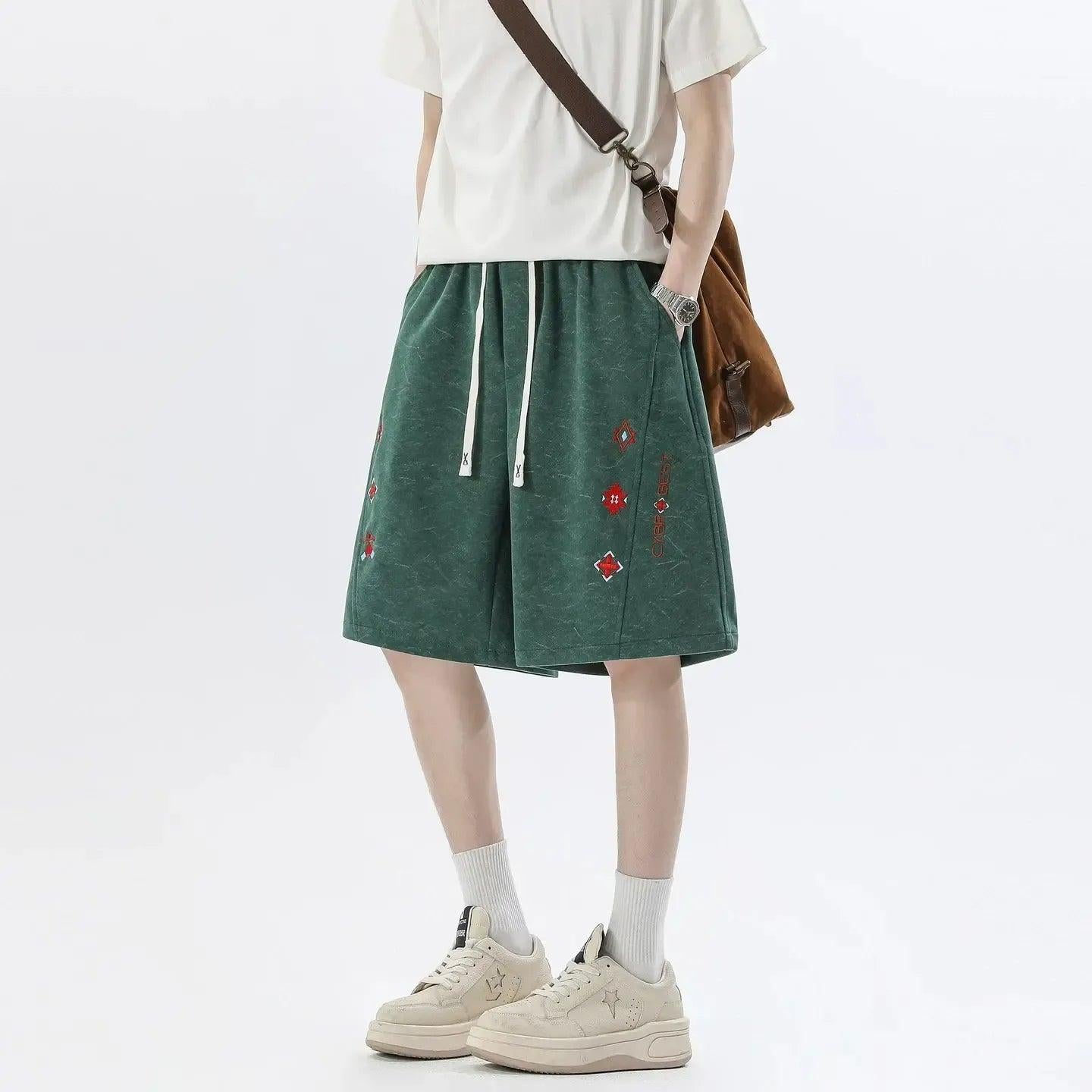 Acid Wash Embroidered Straight Shorts