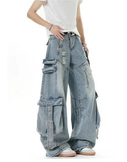 Buckled Strap Baggy Cargo Jeans