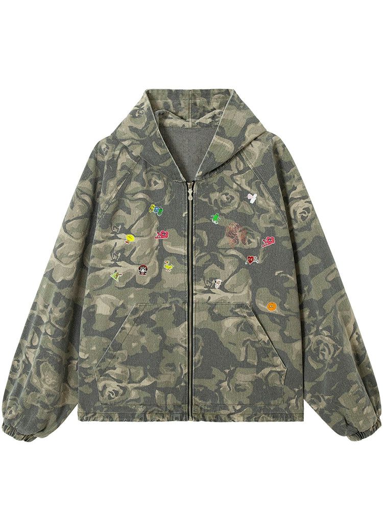 Cartoon Embroidery Camo Zip-Up Hoodie