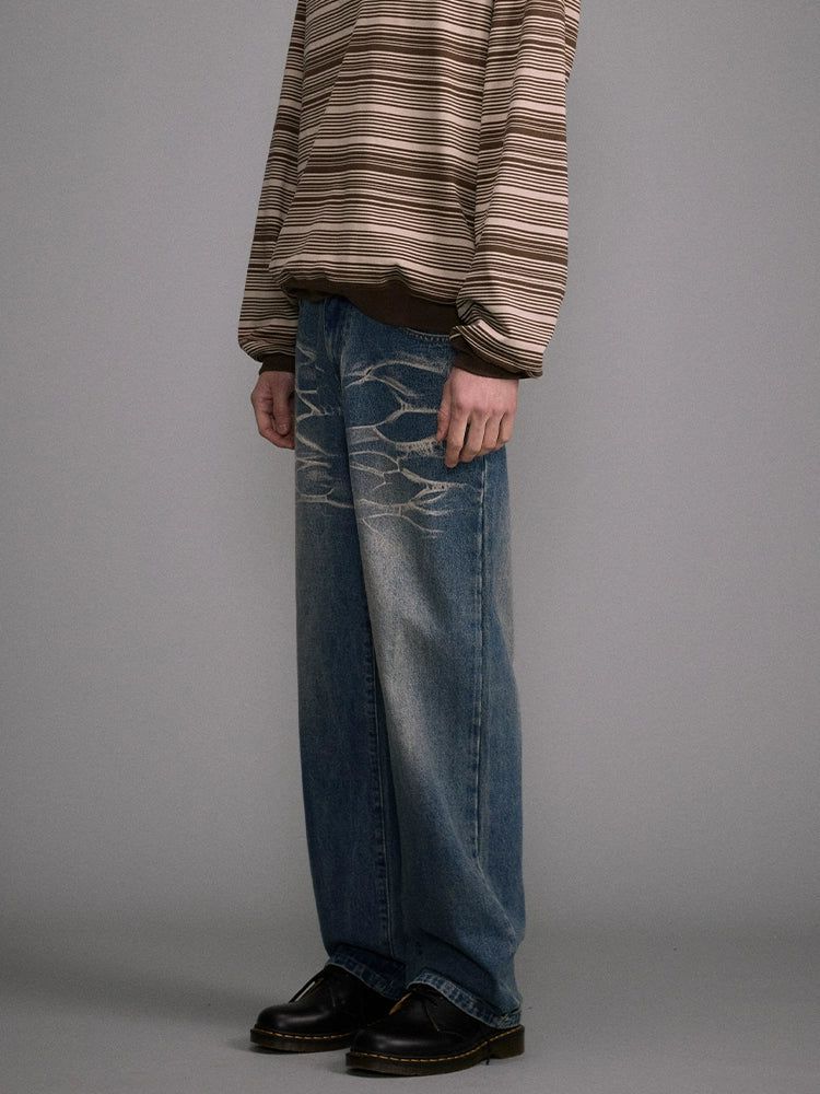 Lightning Pattern Wide Leg Jeans