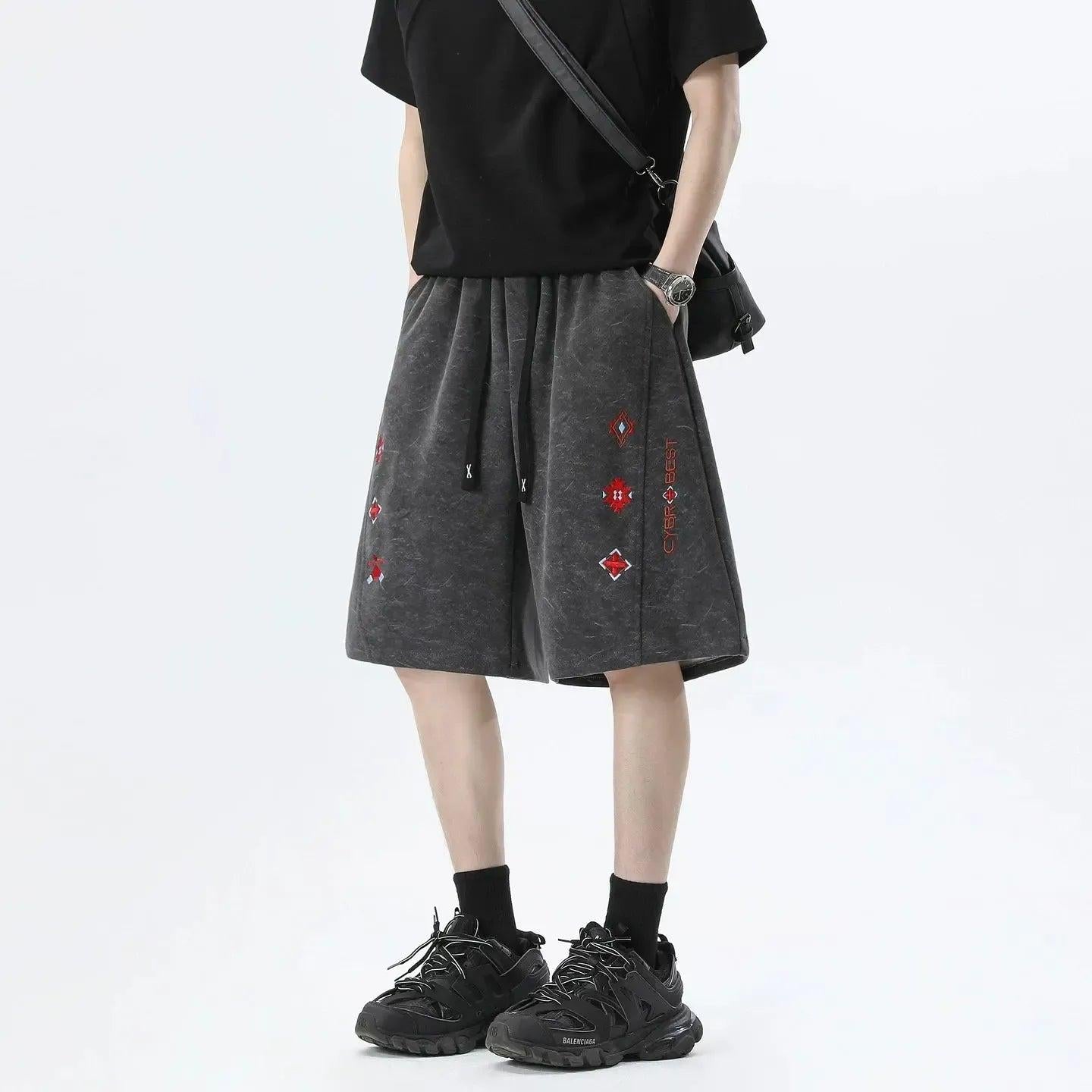 Acid Wash Embroidered Straight Shorts
