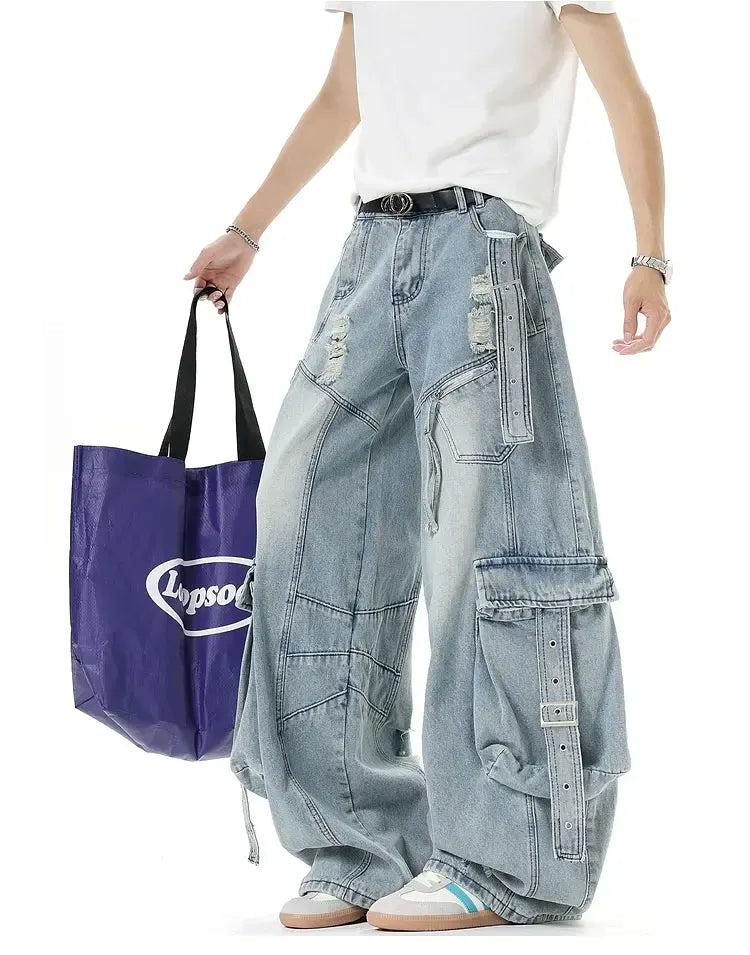 Buckled Strap Baggy Cargo Jeans