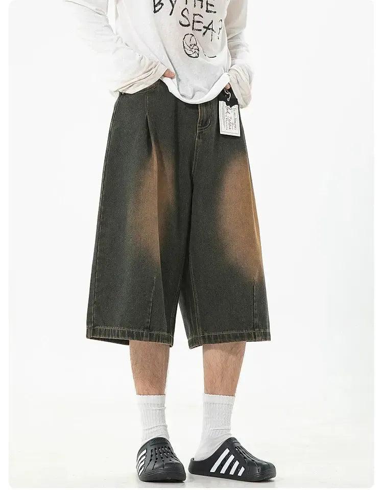 Faded Pleated Denim Shorts