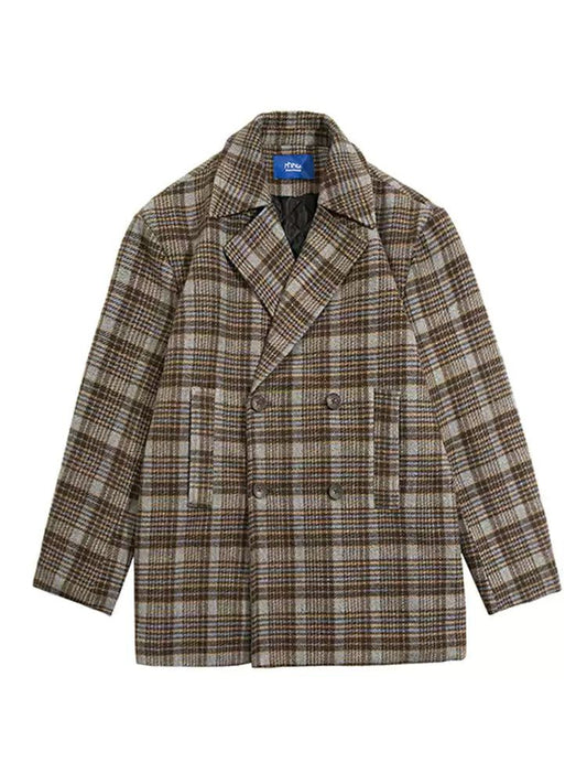 Plaid Double Breasted Mid-Length Blazer