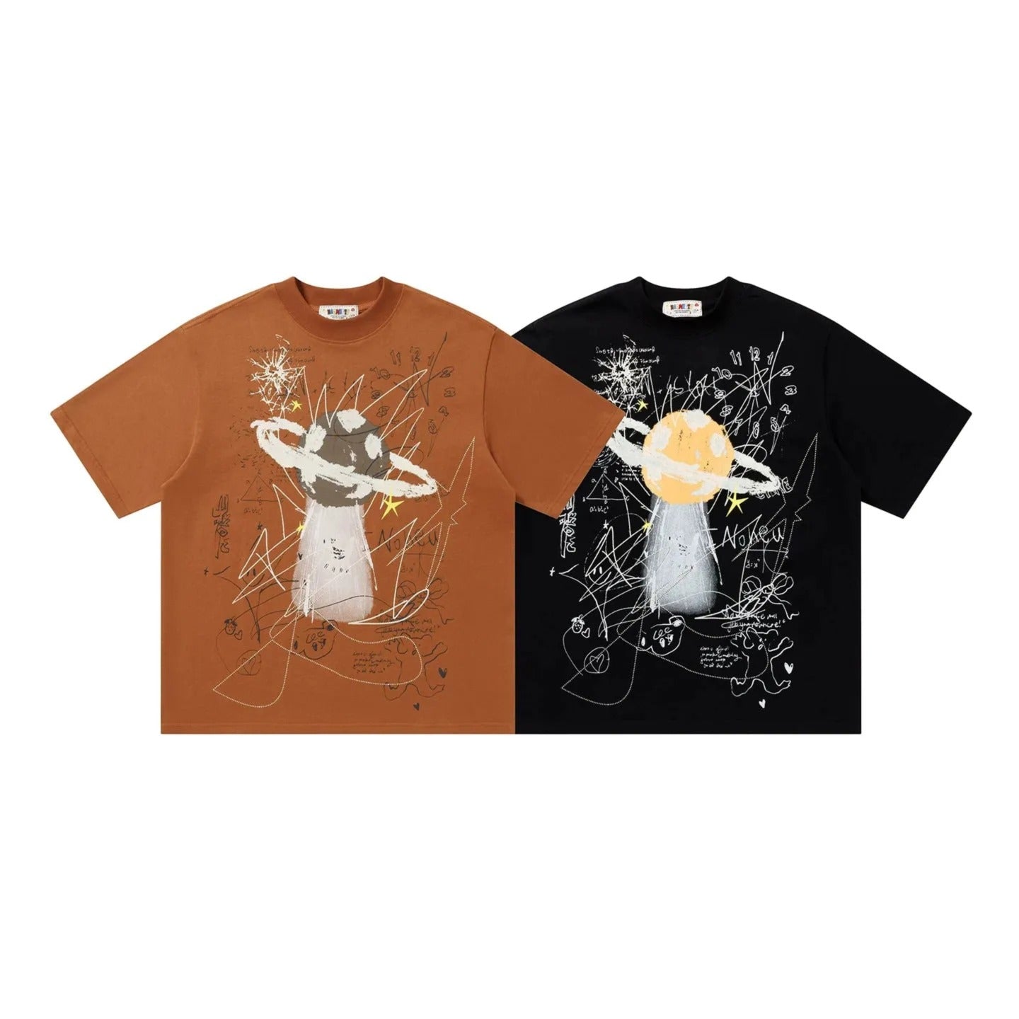two t-shirts with artistic designs on them.