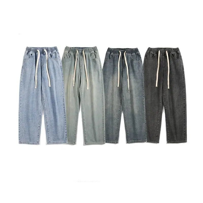 Drawstring Faded Elastic Waist Jeans