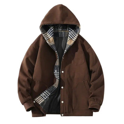 Button Front Plaid Hooded Jacket