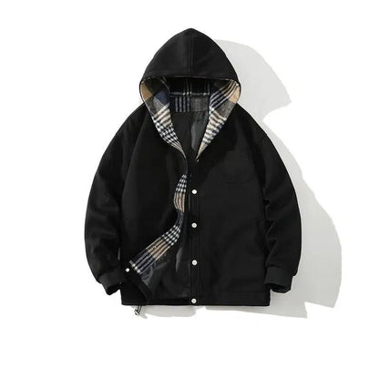 Button Front Plaid Hooded Jacket