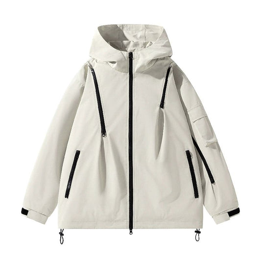Zippered Pocket Hooded Windbreaker Jacket